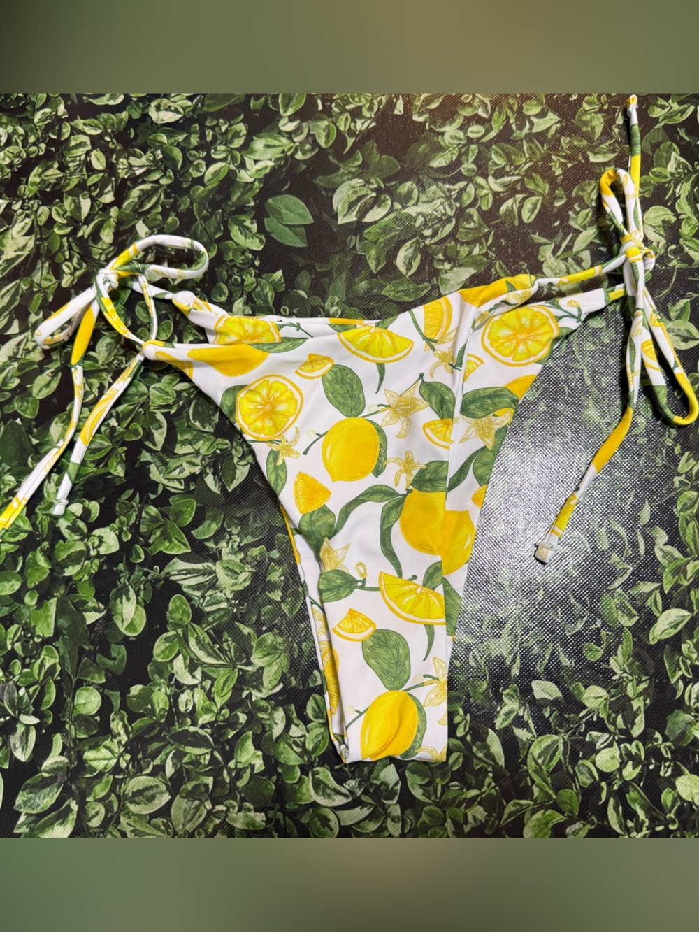 SHEIN White Yellow Lemon Print Tie-Side Bikini Bottoms